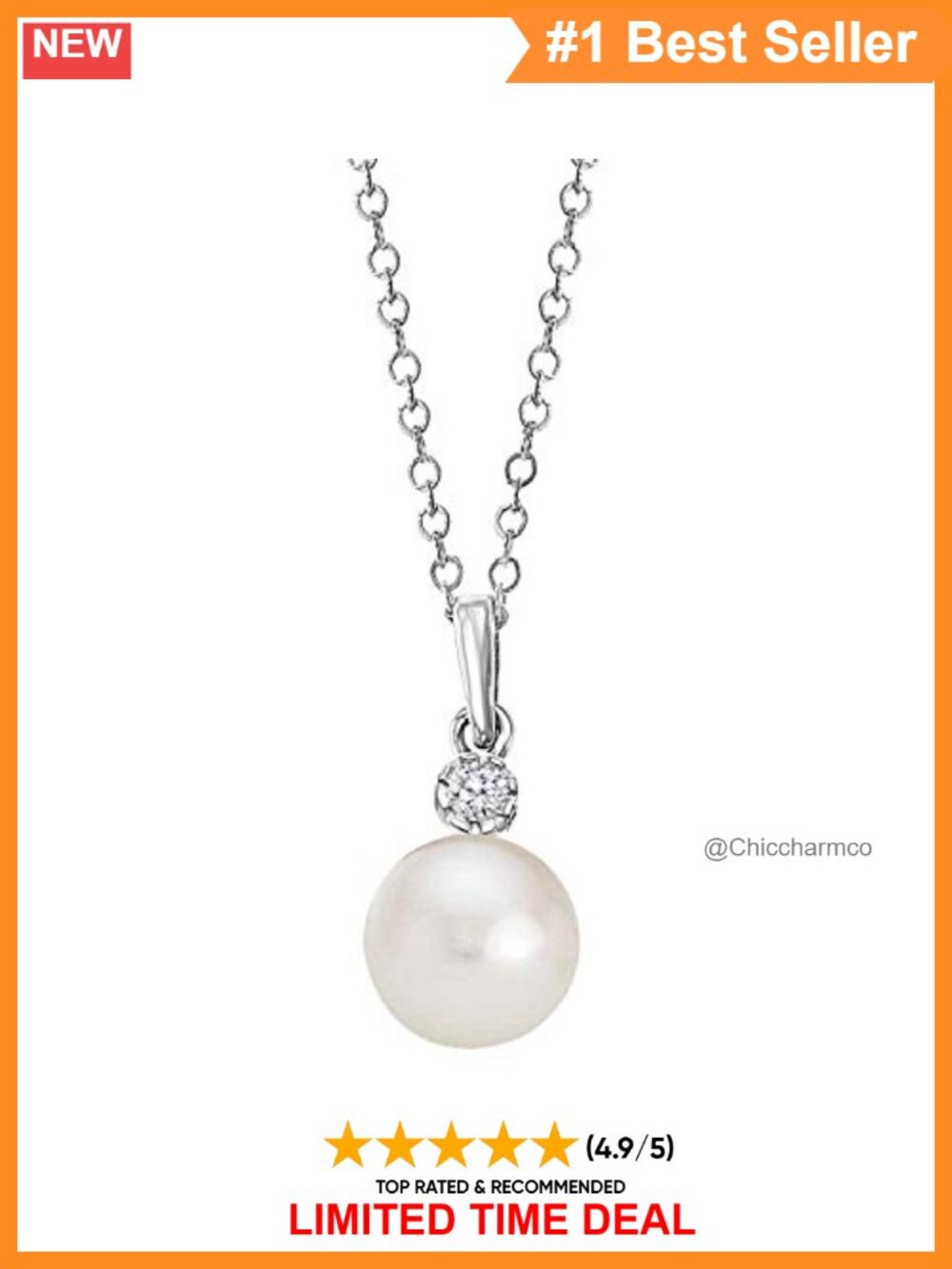 14K White Gold Freshwater Pearl Diamond Pendant Necklace Adjustable Chain